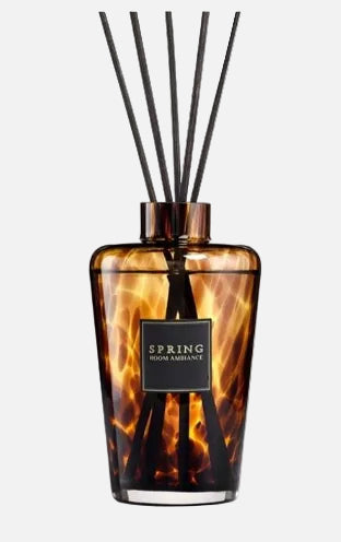 Reed diffuser with tortoiseshell design and 'Spring' label on a white background
