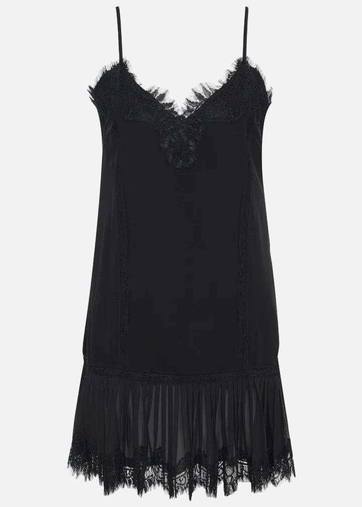 Black slip dress with lace details on a white background
