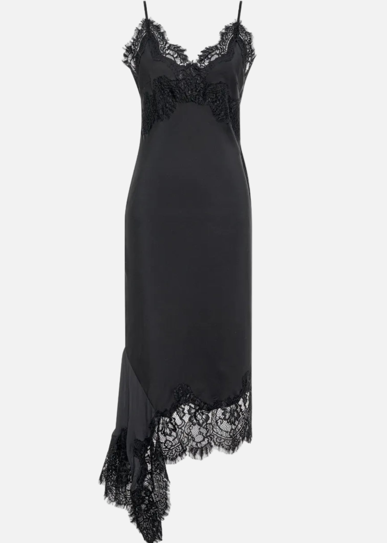 Black slip dress with lace detailing on a white background