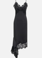Black slip dress with lace detailing on a white background