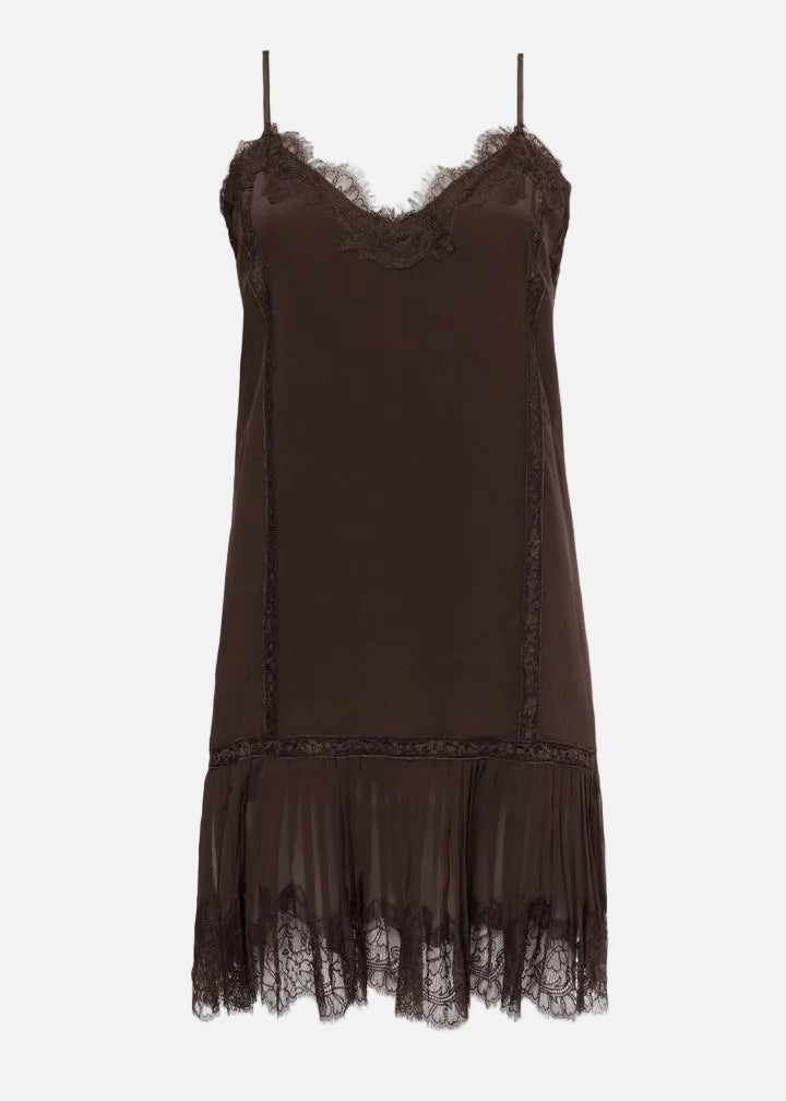 Brown slip dress with lace details on a white background