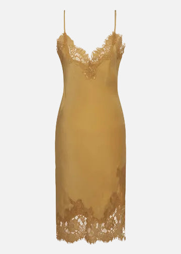 Yellow slip dress with lace details on a white background