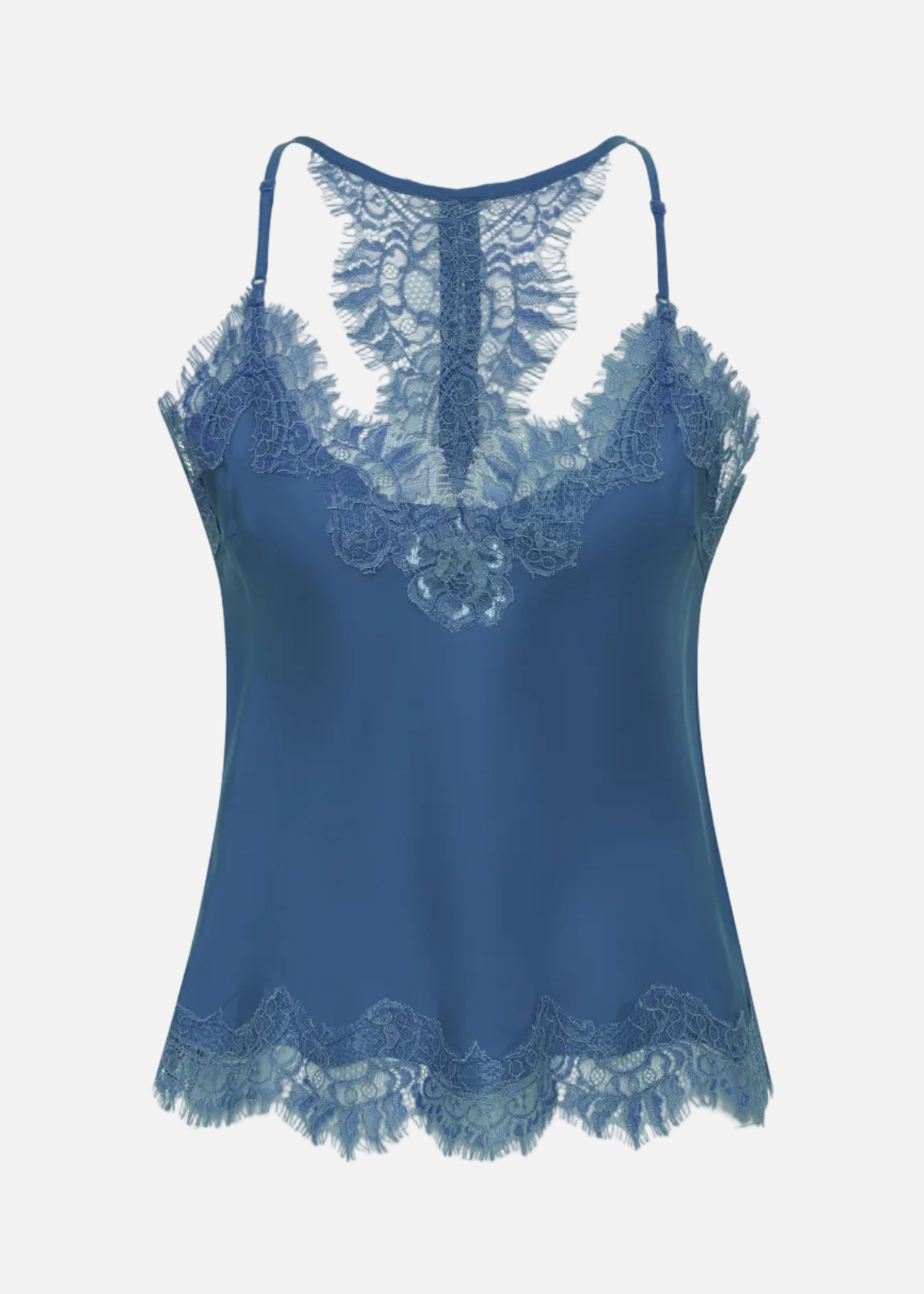 Blue lace-trimmed top on a white background