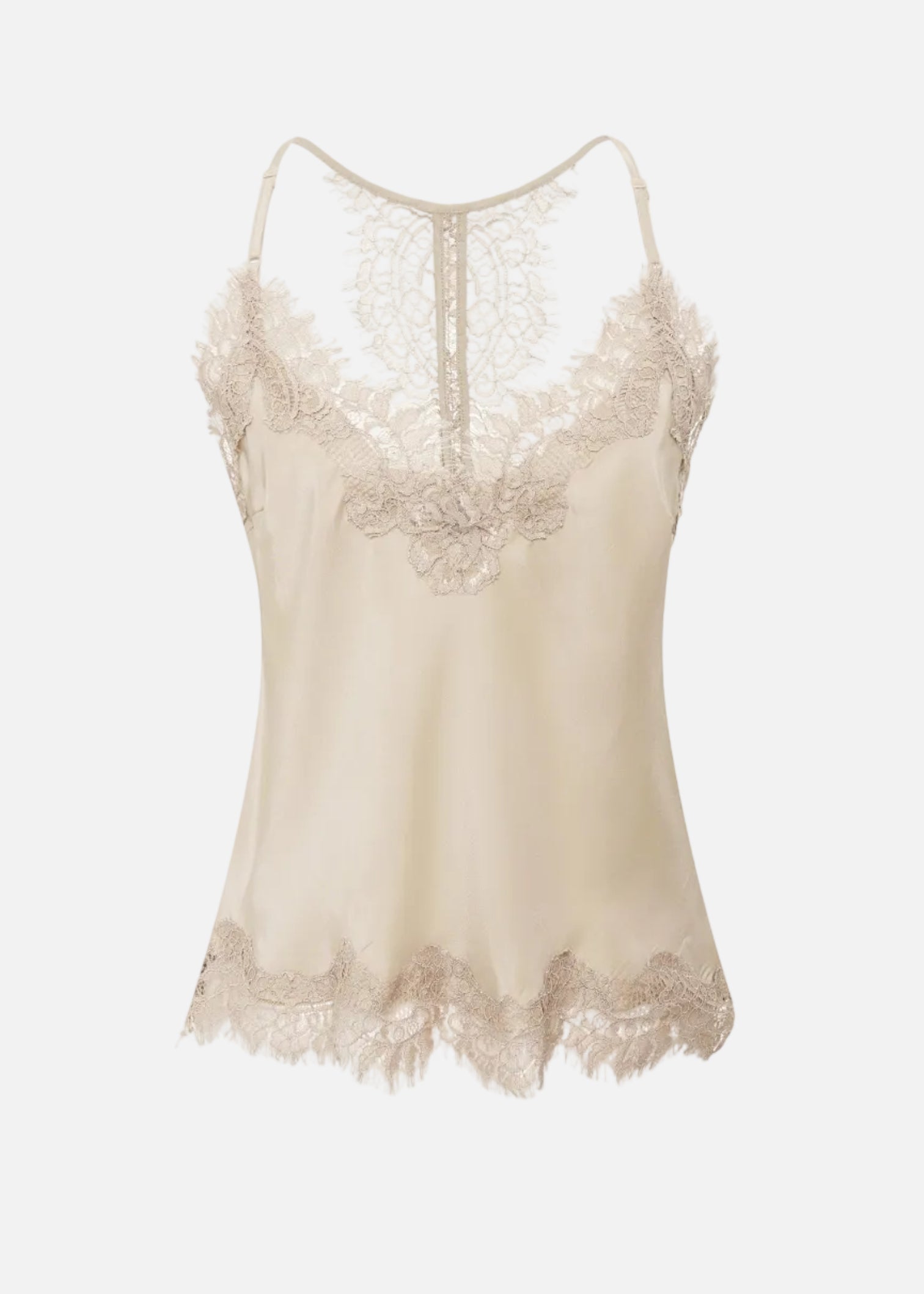 Beige lace-trimmed tank top on a white background